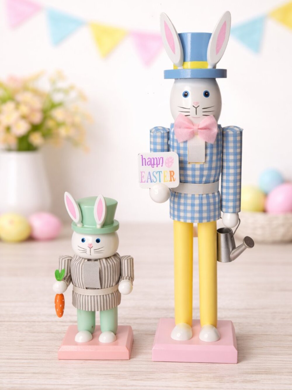 2 Easter Bunny Nutcrackers 8" & 14" Happy Easter Watering Can Carrot Decor‎